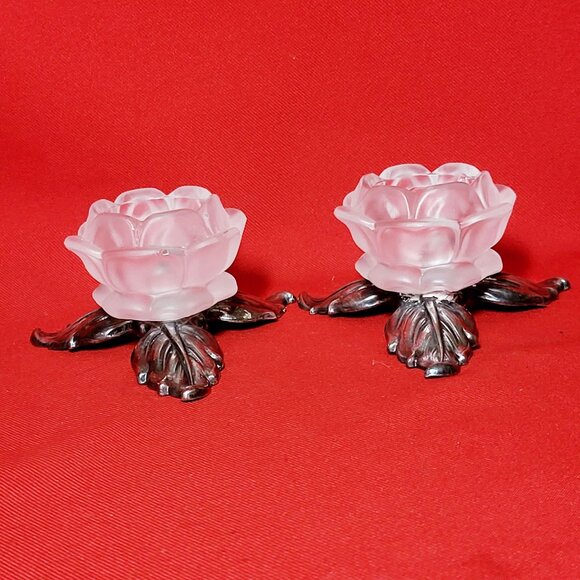 Vintage Pair PM Italy Frosted Glass Rose Silver Plate Leaves Candle Holder - Picture 4 of 13